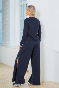 Тёмно-синие трикотажные брюки палаццо с разрезами Ajour(фото3)