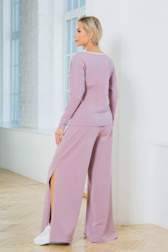Пыльно-розовые трикотажные брюки палаццо с разрезами Ajour(фото3)